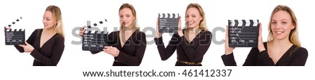 Brown dress girl holding clapperboard isolated on white