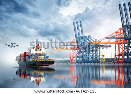 Container Cargo ship and Cargo plane with working crane bridge in seaport , logistic import export background and transport industry. Royalty-Free Stock Photo #461429113