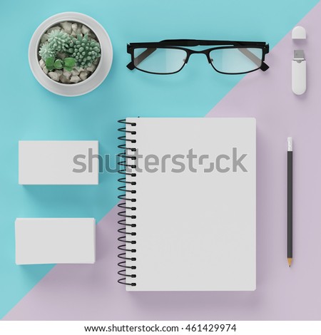 Minimal flat lay : notebook, eye glasses , cactus , pencil , card , ruler on light blue and light pink pastel background , top view , work space.