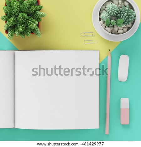 Minimal flat lay : notepad , pencil , coffee , cactus , rubber on light green and yellow pastel background , top view , work space.