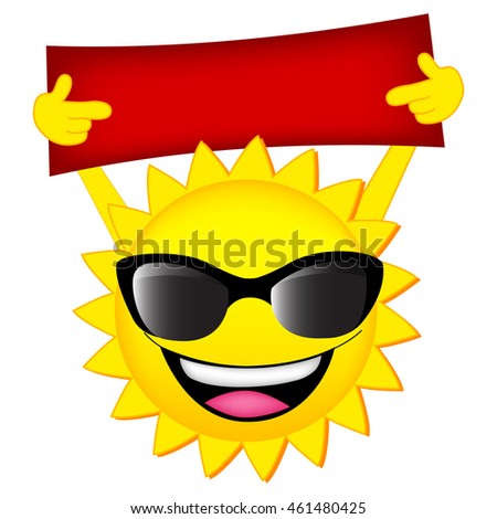 happy sun wearing sunglasses and holding a blank board over its head illustration business concept