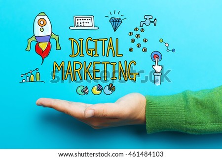 Digital Marketing concept with hand on blue background