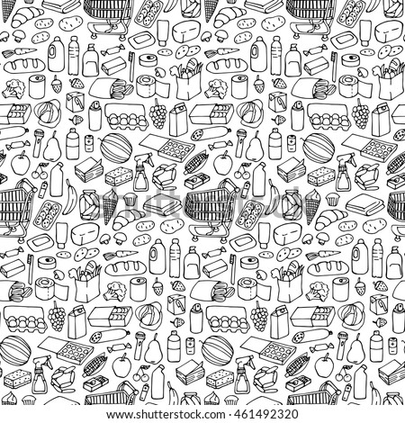 Seamless pattern with doodle hand drawn supermarket elements and objects. Royalty-Free Stock Photo #461492320