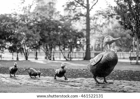 Boston Public Garden with its famous duck family brass statues 