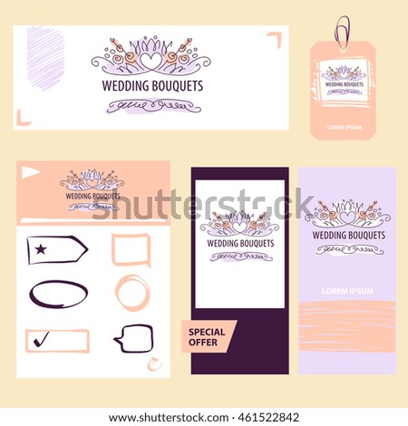 Corporate identity, banner, card, logo with sketch elegant wedding bouquet of flowers. Color illustration, design element, logotype for celebration invitation party of just married.