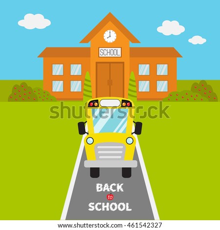School building with clock and windows. City construction. Yellow school bus kids on the road. Cartoon education clipart collection. Back to school. Flat design. Vector illustration