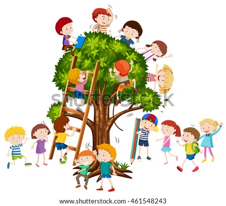 Children climbing up the tree illustration