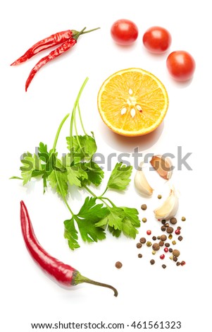 A food and healthy lifestyle concept: Italian herbs and spices. Top view. Isolated on white. Royalty-Free Stock Photo #461561323