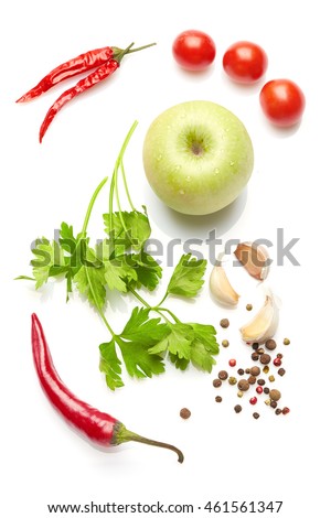 A food and healthy lifestyle concept: Italian herbs and spices. Top view. Isolated on white. Royalty-Free Stock Photo #461561347