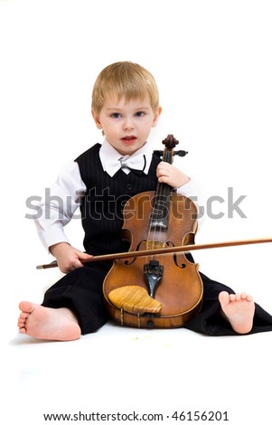 cute little boy with violin isolated on white