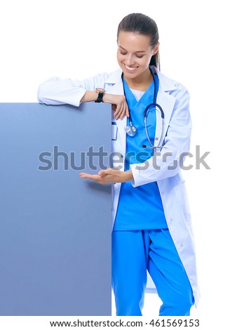 A female doctor with a blank billboard.