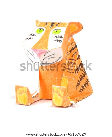 Handmade paper smiling    tiger iwolated over white background