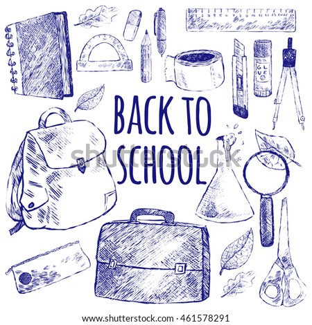 Vector illustration back to school. Blue and white set. School objects. Poster for design stationery shops, packaging school products.