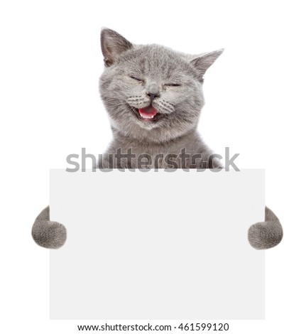Smiling cat holding a white banner. isolated on white background