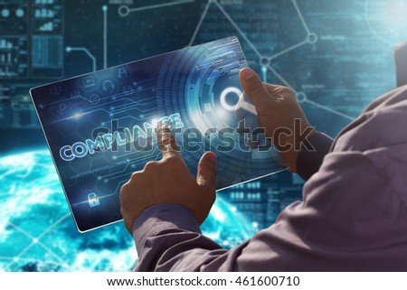 Internet. Business. Technology concept.
Businessman presses a button Compliance on the virtual screen tablet future date.