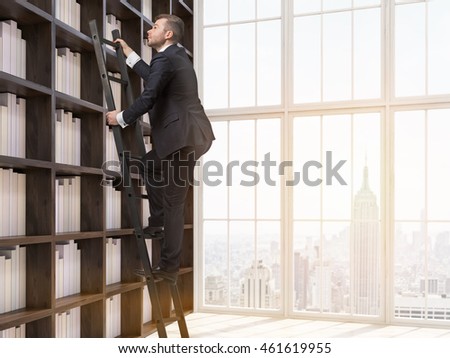 Young man in suit is climbing up ladder in house library. New York city seen through window. Concept of information searching. 3d rendering.