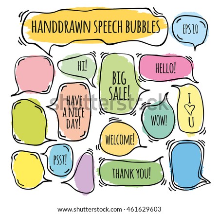Hand drawn doodle speech bubbles set with accentuation, filled with paint strokes and example texts:  "Big sale!, Yes!,Thank you, Hello, Wow, Welcome, Have a nice day". Vector illustration.