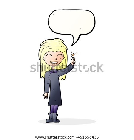 cartoon friendly witch girl with speech bubble