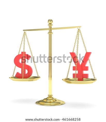 Isolated old fashioned pan scale with dollar and yuan,yen on white background. American and chinese and japanese currency. Currency equality. red money. 3D rendering.