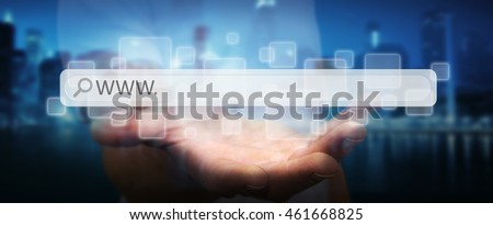 Man surfing on internet with digital tactile web address bar '3D rendering' Royalty-Free Stock Photo #461668825