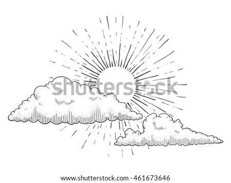 Sun with clouds and clouds engraving vector illustration. Scratch board style imitation. Hand drawn image.