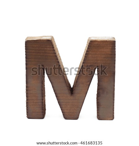 Single sawn wooden letter M symbol coated with paint isolated over the white background