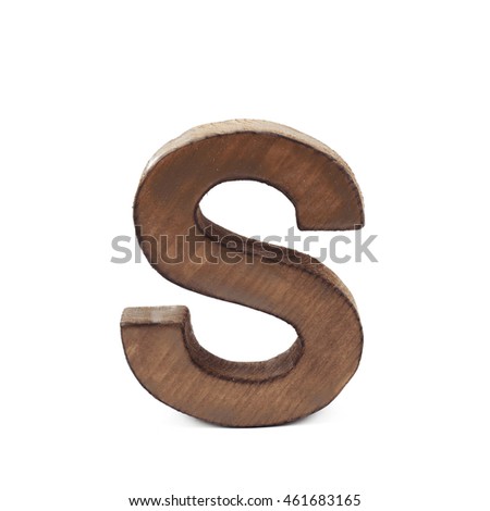 Single sawn wooden letter S symbol coated with paint isolated over the white background