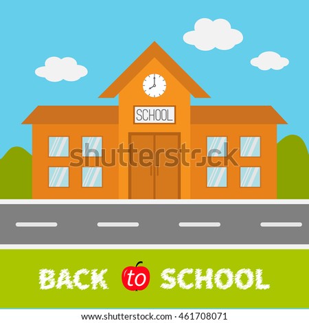 School building with clock and windows. City construction. Road, sky, cloud. Education clipart collection. Back to school text. Flat design. Cartoon background. Vector illustration