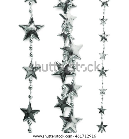 Line of a silver star garland thread isolated over the white background, set of three different foreshortenings