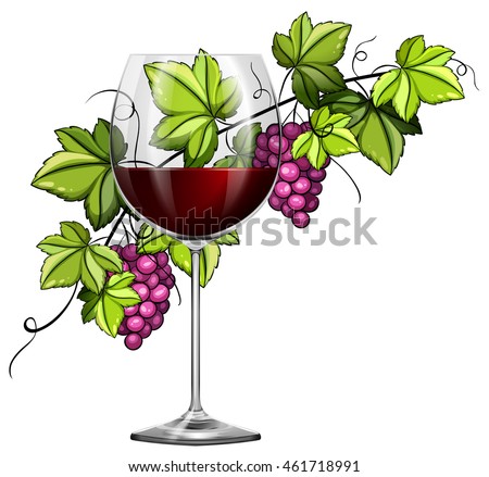 Red wine in glass and grapes in background illustration