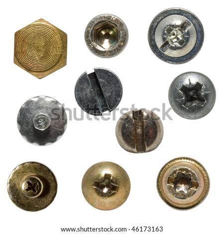 Isolated wood screws on white background, screw heads are very detailed.