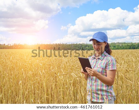 Young pretty farmer girl standing in yellow wheat field  with a tablet in hands.  