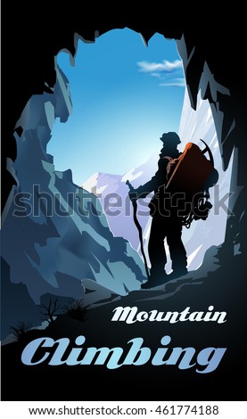 Mountain climbing poster. Mountaineer with a backpack and mountain panorama. Vector illustration