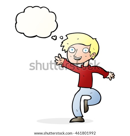 cartoon excited boy dancing with thought bubble