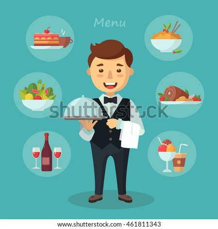 Vector waiter character illustration with food and drink set. Flat design. Royalty-Free Stock Photo #461811343