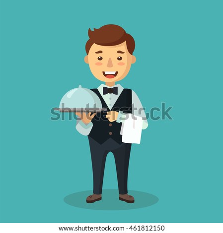 Vector cartoon waiter.Flat design. Illustration of a waiter carrying a tray  Royalty-Free Stock Photo #461812150