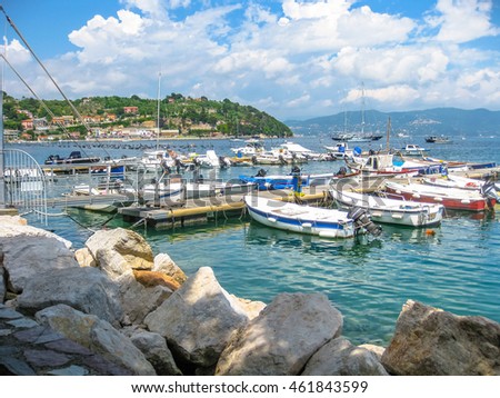 Panoramic view of Porto Venere. Porto Venere is a village in the Cinque Terre Heritage Site. Ligurian coast, La Spezia, Italy.