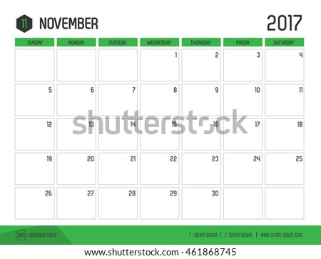Vector of Calendar 2017 new year, November with green bar color and clean modern style template ,Week start at Sunday., size 21x16 cm