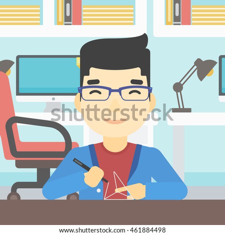 An asian young man making a model with a 3D pen. Man drawing geometric shape by 3d pen. Man working with a 3d-pen. Vector flat design illustration. Square layout.