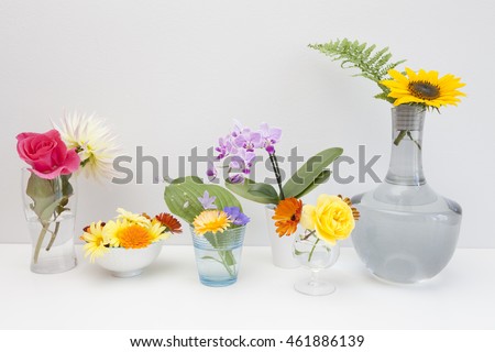 Interior composition with different kind of vases and colorful flowers on a white background