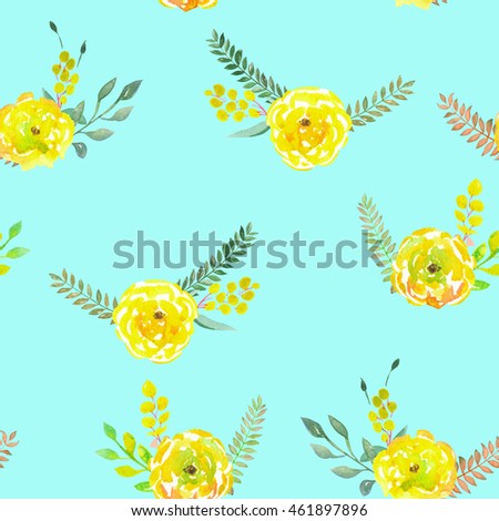 Seamless pattern with the simple watercolor floral bouquets of yellow flowers, hand drawn on a turquoise background