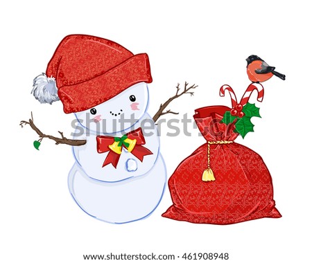 Christmas card. Happy New Year. Snowman with gifts