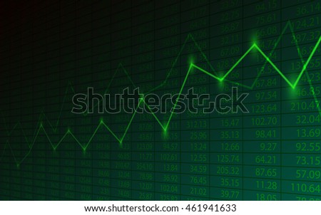 Business chart with uptrend line graph and stock numbers in bull market on green color background (vector)