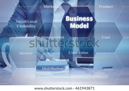 Businessman calculating the information with laptop on the work place working for Business model process virtual screen background, Business success concept