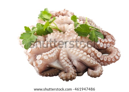 fresh octopus with potatoes and parsley on white plate