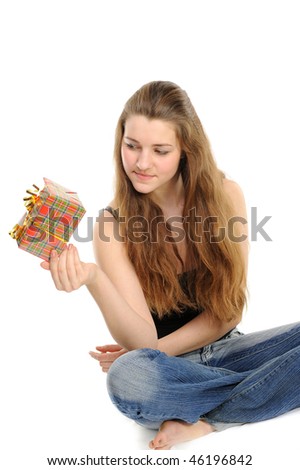 The happy woman with the gift,  separately on a white background