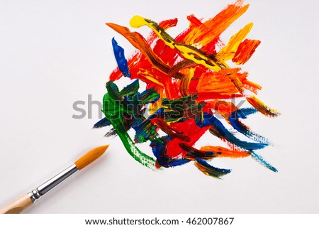 Paints And Brushes On White Background Used For Creating Abstract Art