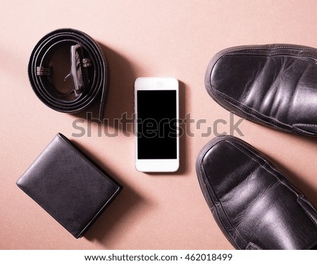 business set of accessory smart phone wallet leather shoe in concept new employes