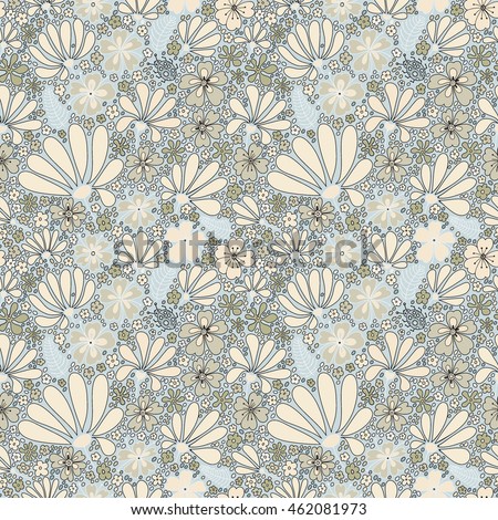 Floral seamless pattern. Elegant flowers, leaves, bugs and stones, graphics drawn by hand, vector texture.
