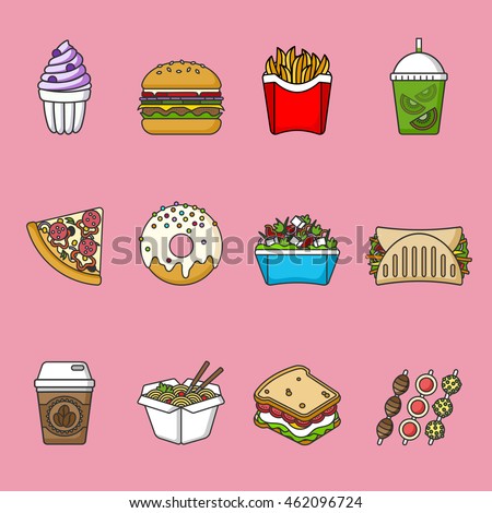 Set of fast food icons. Drinks, snacks and sweets. Colorful outlined icon collection. Vector illustration on white background. Sandwich, hamburger, pita, pizza, donut, shake, salad, coffee, ice cream